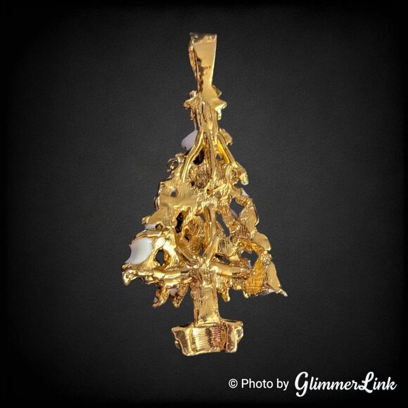 Vintage Christmas Tree Pendant Gold Tone Enamel Rhinestones Holiday Jewelry - Picture 5 of 6
